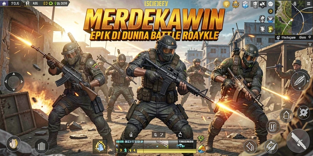 Screenshot gameplay MERDEKAWIN menampilkan aksi seru Battle Royale.