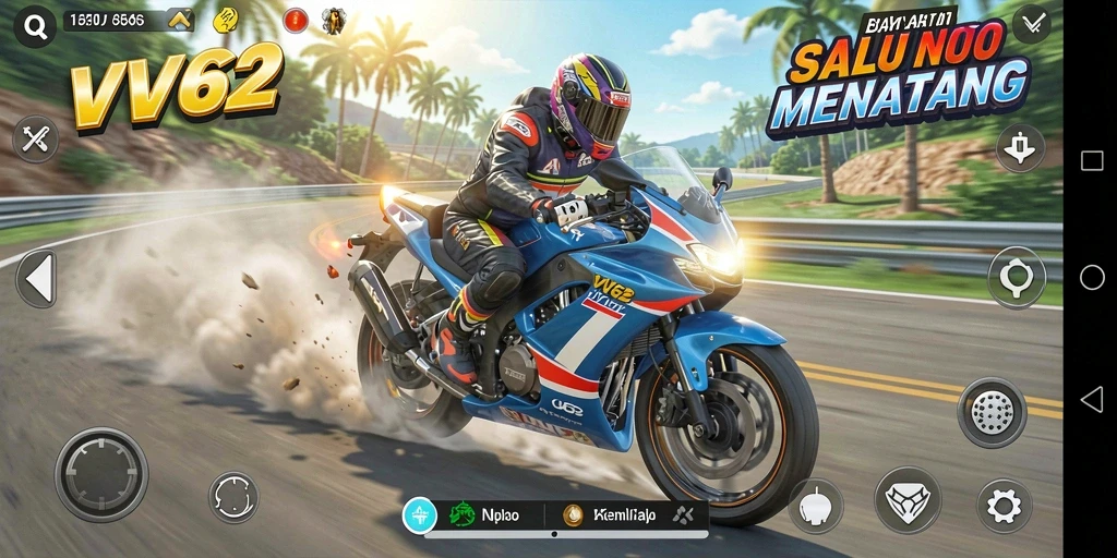 Screenshot gameplay VV62 yang menarik dalam balapan motor.
